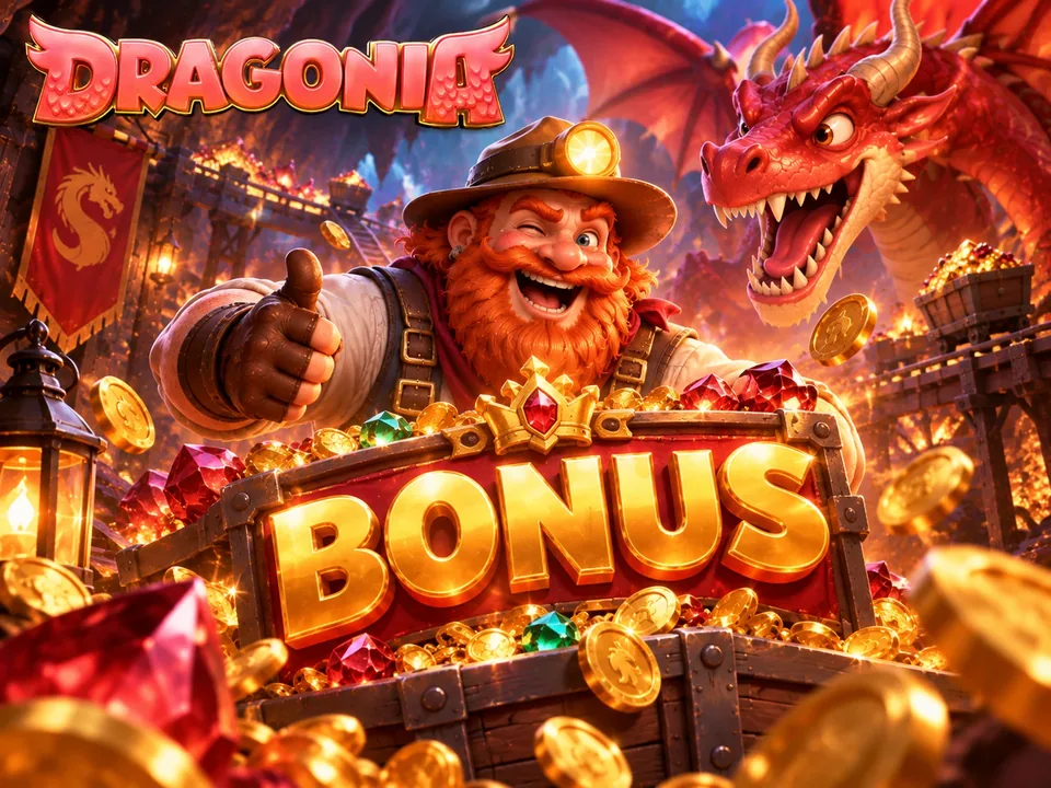 Dragonia bonus artwork with treasure and a red dragon